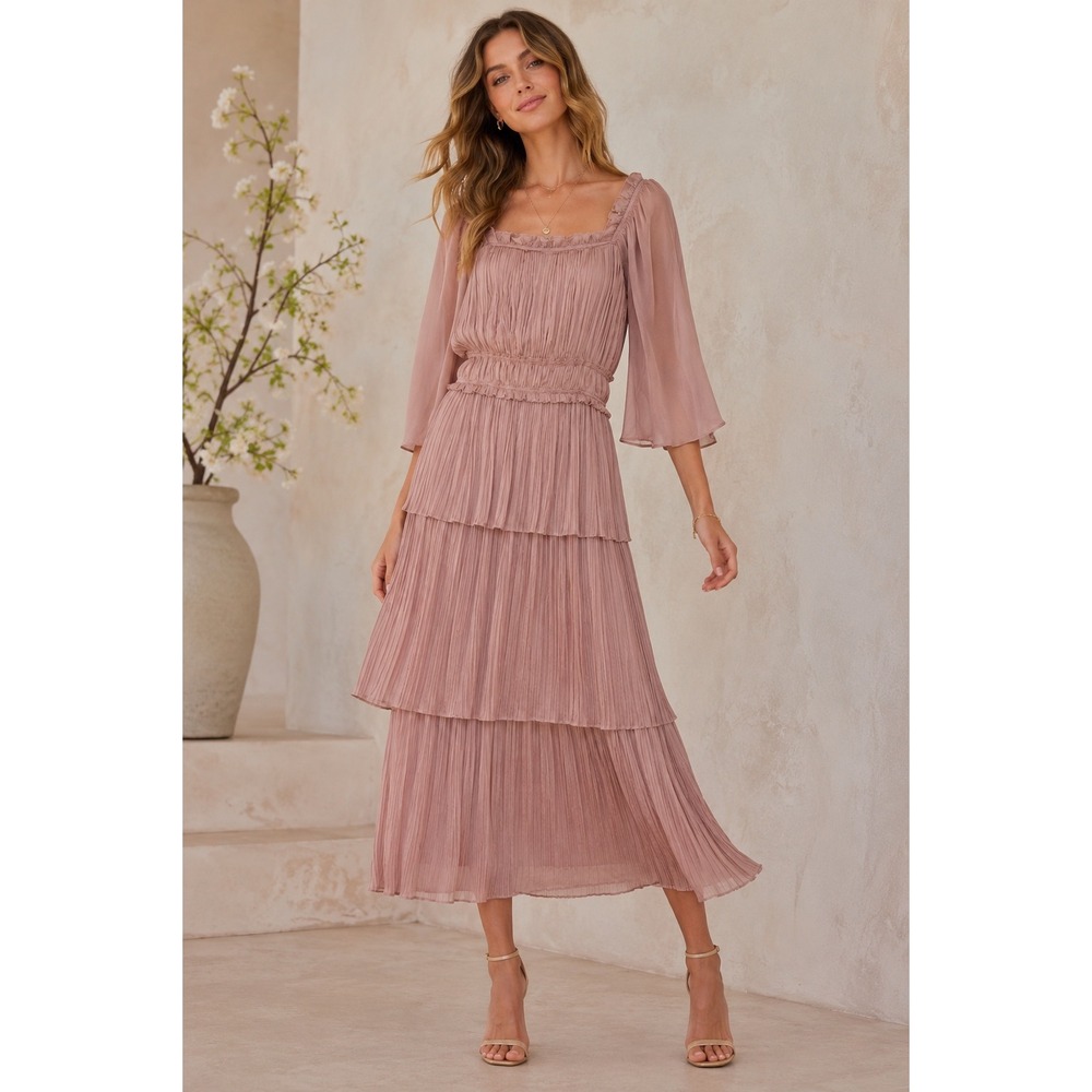 Current Air Los Angeles Dusty Rose Pleated Tiered Maxi Dress XS Smocked Waist